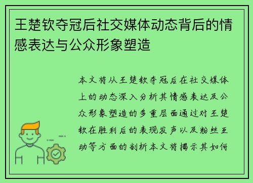 王楚钦夺冠后社交媒体动态背后的情感表达与公众形象塑造