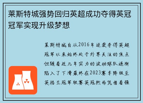 莱斯特城强势回归英超成功夺得英冠冠军实现升级梦想