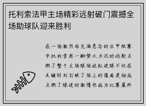 托利索法甲主场精彩远射破门震撼全场助球队迎来胜利