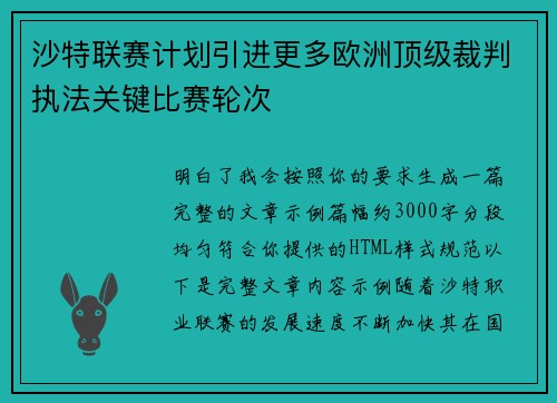 沙特联赛计划引进更多欧洲顶级裁判执法关键比赛轮次