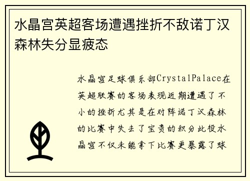 水晶宫英超客场遭遇挫折不敌诺丁汉森林失分显疲态 水晶宫英超客场遭遇挫折不敌诺丁汉森林失分显疲态