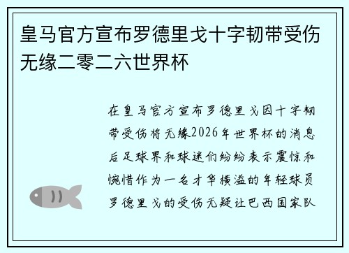 皇马官方宣布罗德里戈十字韧带受伤无缘二零二六世界杯