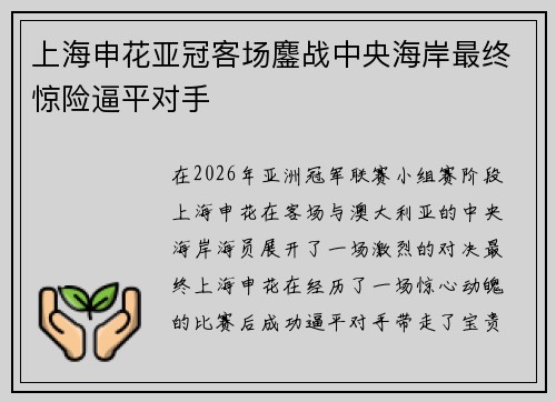 上海申花亚冠客场鏖战中央海岸最终惊险逼平对手 上海申花亚冠客场鏖战中央海岸最终惊险逼平对手